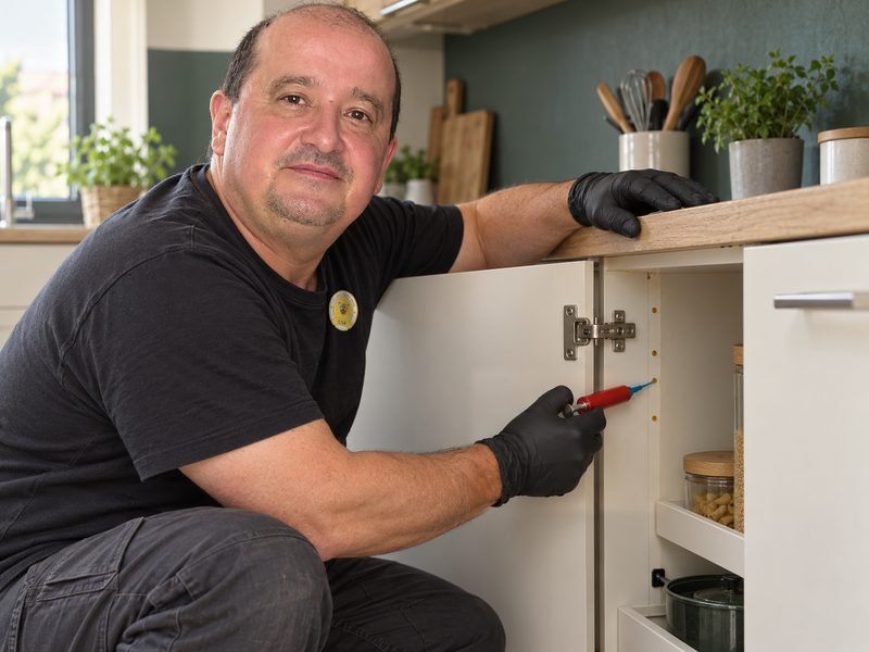 Image générée par IA d’après des photos d’Éric : Éric Bessa pose du gel contre les cafards, en points, dans une cuisine