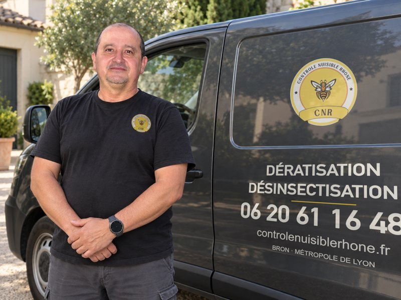Image générée par IA d’après des photos d’Éric : Éric Bessa devant un fourgon aux couleurs de Contrôle Nuisible Rhône