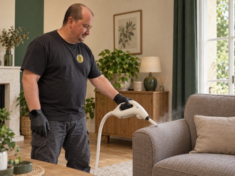 Image générée par IA d’après des photos d’Éric : Éric Bessa traite un fauteuil à la vapeur